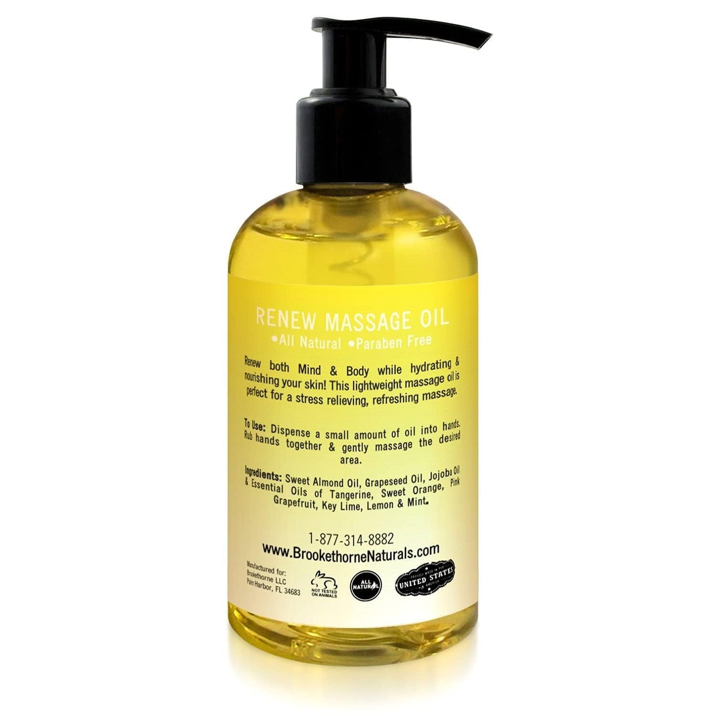 Renew Massage Oil with Orange, Lemon & Peppermint Essential Oils - Great for Massage Therapy or Home use. Ideal for Full Body – with Almond, Grapeseed & Jojoba – by Brookethorne Naturals