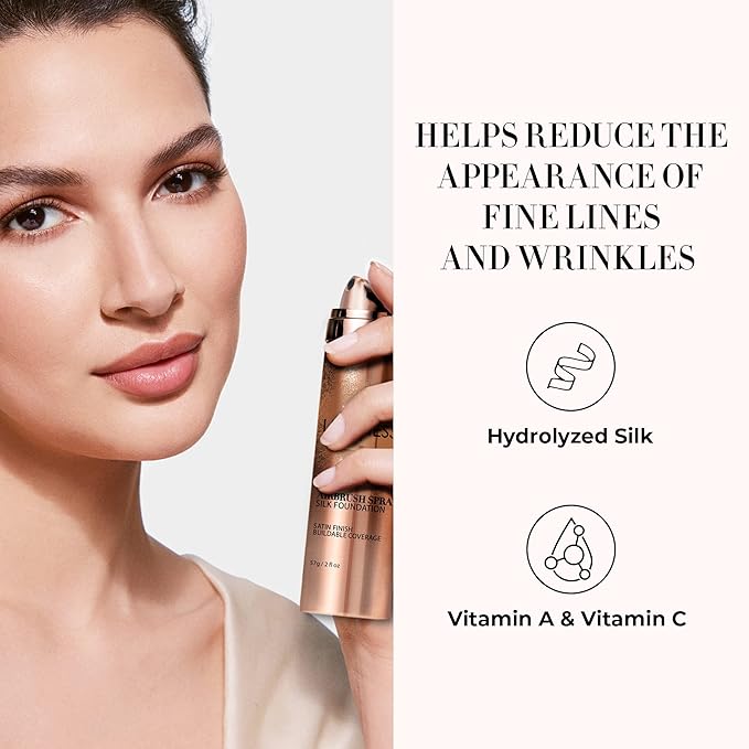 LUMINESS Silk Airbrush Spray Foundation & Buffing Brush Kit – Full Coverage Foundation & Dual-Sided Buffing Brush - Buildable Coverage, Anti-Aging Formula Hydrates & Moisturizes (Shade - Deep Rich)