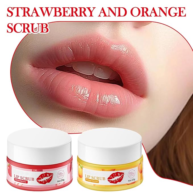 2PCS Strawberry & Orange Conditioning Lip Scrub Kit,Moisturizing Lip Sleeping Mask Long Lasting Hydrating Lip Scrubber Exfoliator Lip Care Products for Men & Women