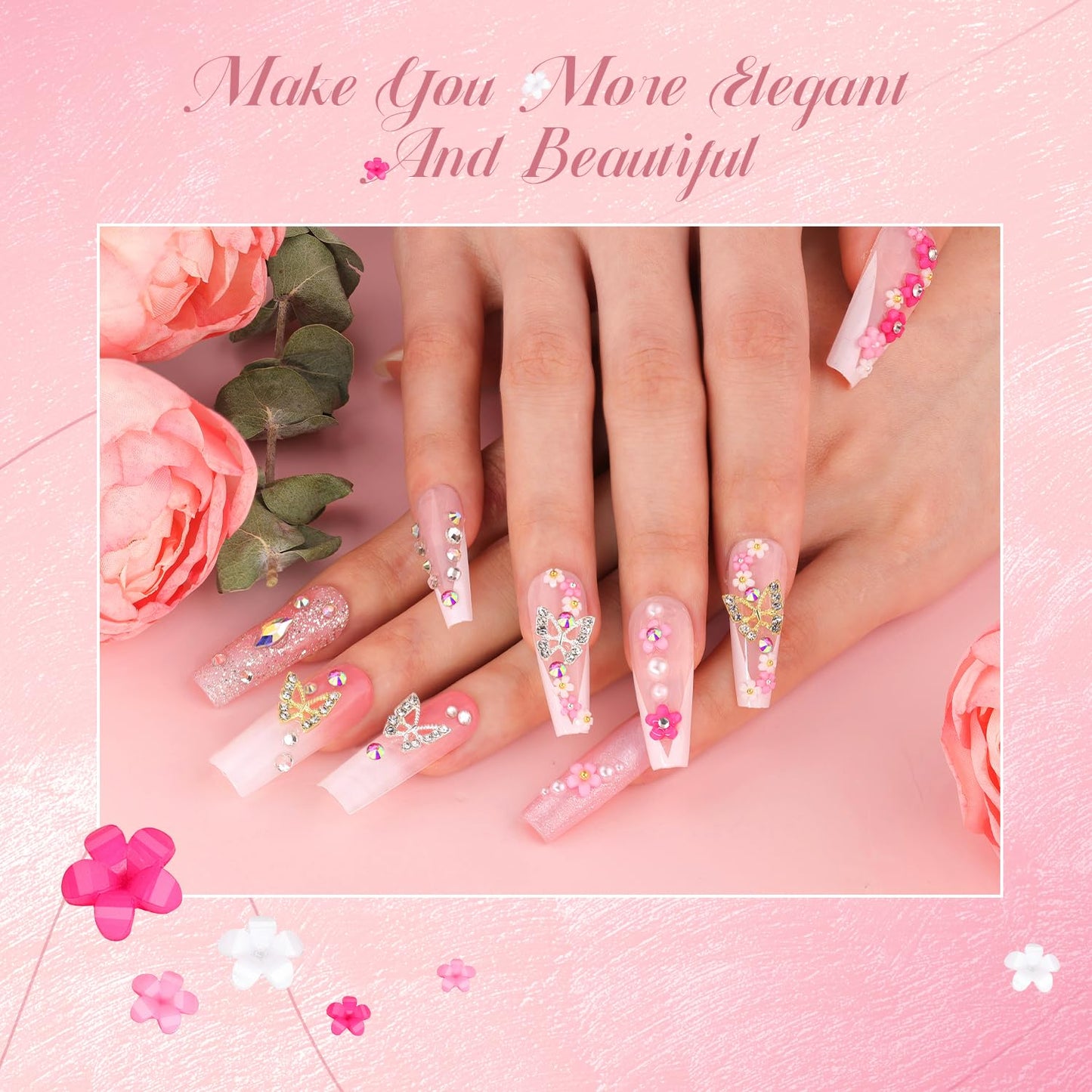 3D Nail Charms and Gems Set 12 with Rhinestone Glue, 10PCS Gold and Silver Chunky Butterfly Nail Charms, 3D Flowers for Nails, Flatback Crystals and Pearls + Picker Tool for Y2K Nail Decor