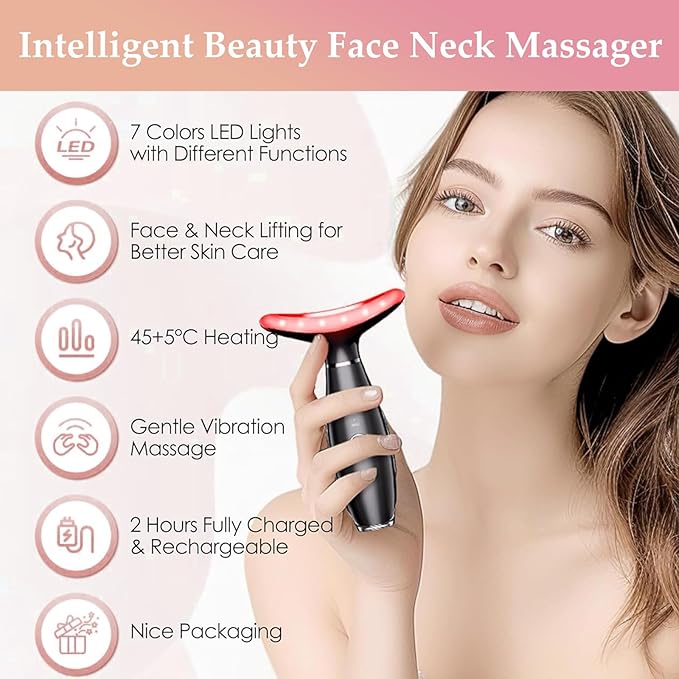 7 Colors Facial and Neck Massager,Lymphatic Contour Face Massager for Womens Skin Care- Rejuvenation- Lifting- Toning- Glow Boost-Tightening and Smooth (Black)