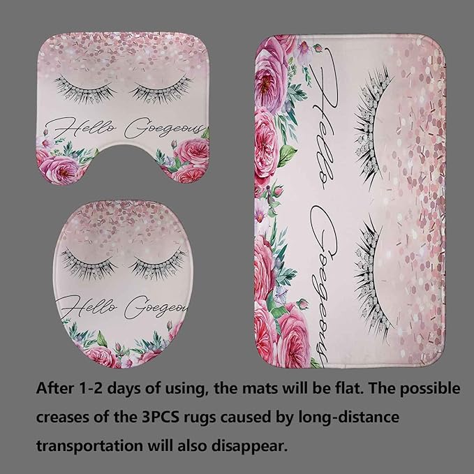 4PCS Hello Gorgeous Shower Curtain Set, Birthday Confetti Botanical Peony Floral Diamond Unicorn Eyelash Teen Girls Pink Bathroom Decor, Waterproof Fabric Shower Curtain, Bath Mat Toilet Rug