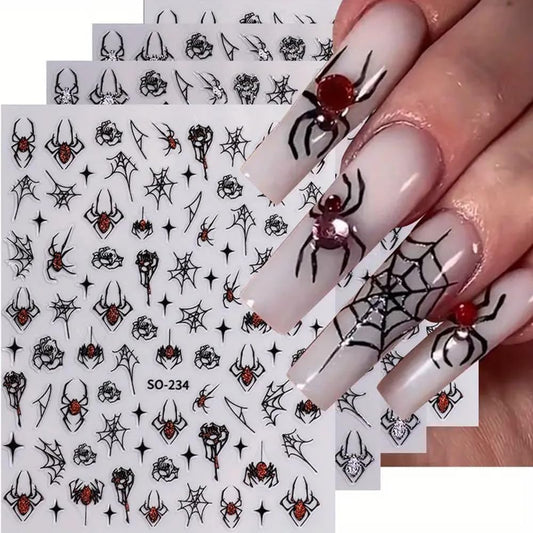 6Sheets Halloween Nail Art Stickers Decals, 3D Spider Nail Sticker Halloween Nail Decoration Self-Adhesive Black Red Silver Glitter Star Spider Web for Nails Stickers DIY Manicure Art Decoration