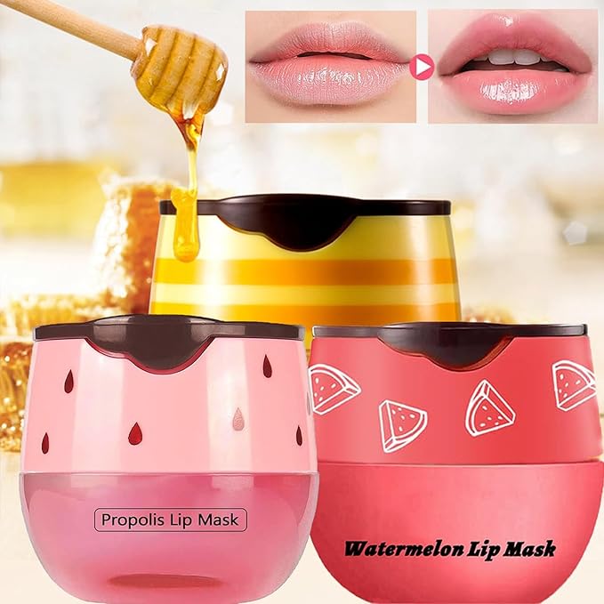 3 PCS Bee Lip Balm Honey Pot, Honey & Strawberry & Watermelon Lip Mask Overnight Moisturizing Lip Sleep Mask with Stick Hydrating & Prevention Dry and Cracked Lip Scrubs Exfoliator