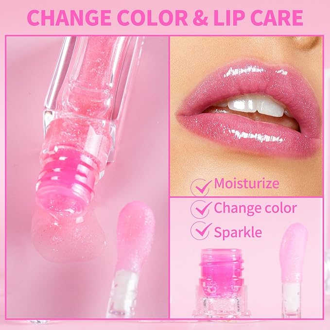 2pc Magic Color Changing Lip Oil, Hydrating Lip Glow Oil Plumping Gloss Tinted Lip Balm Transparent Moisturizing Toot Lip Care