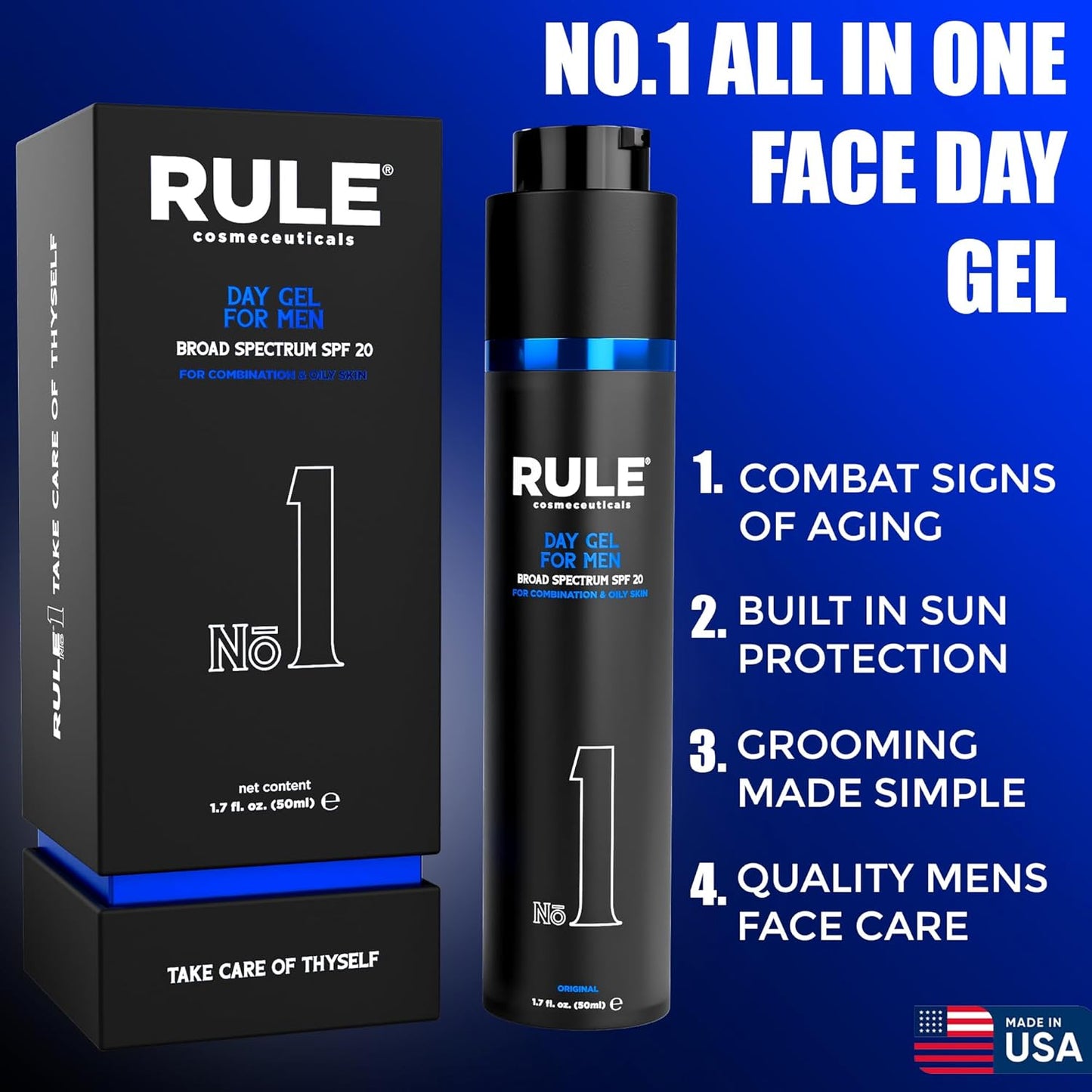 No.1 Day Gel for Men, 10-in-1 Anti-Aging Face Moisturizer to Reduce Wrinkles, SPF 20, Collagen, Vitamins B, C & E - Combination & Oily Skin - Original, 50 mL