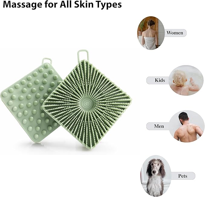 2 PC Silicone Exfoliating Body Scrubber, Silicone Body Shampoo Brush, Soft Silicone Loofah for Sensitive Skin, Shower Silicone Hair Scalp Massager, Easy to Clean, Lather Well(Black&Green)