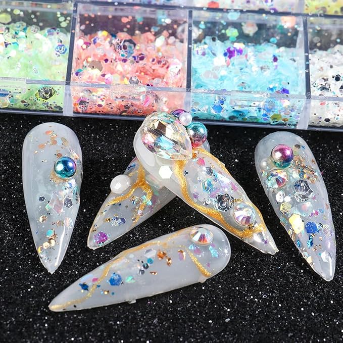 12 Grids Flaky Nail Art Glitter Sequins 3D Heart-Shaped Butterfly Ultra Thin Nail Art Sparkly Flake Designs Moon Stars Decorations Nail Glitter Sequins Suitable for Female Girl Nail Art Techniques