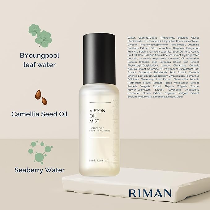 INCELLDERM Riman Vieton Oil Mist | 50ml | Bi-Phasic Hydration with Camellia Seed Oil & Seaberry Water | Korean Skincare Mist for Moisture, Balance & Radiance | Natural Facial Spritz Moisturizer