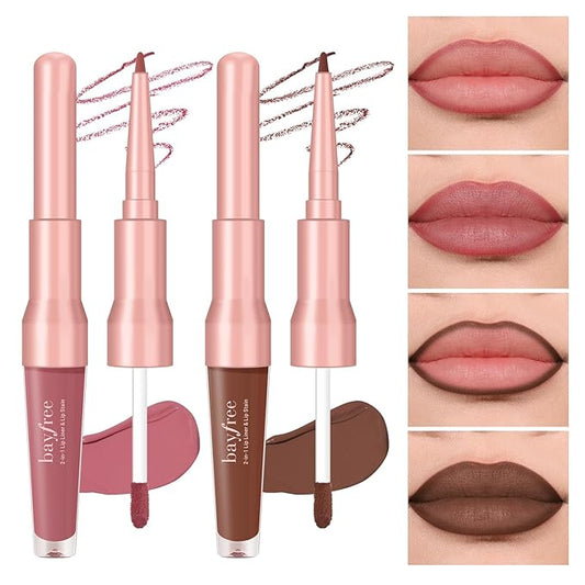 2 PCS Lip Liner and Lip Stain Combo Set, High Pigmented Long Lasting Velvet Lip Tint, Well-Defined Lipliner, Weightless Waterproof Not Animal Tested, Matte Finish Makeup