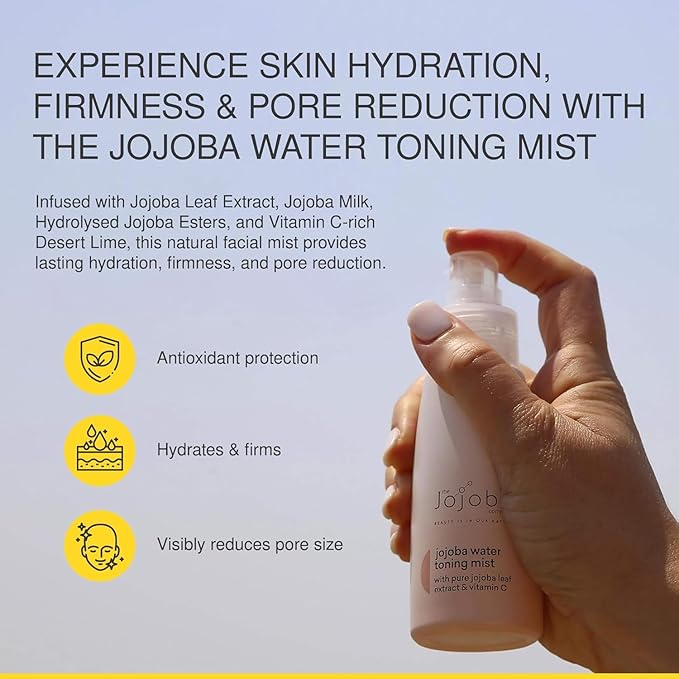 The Jojoba Company Water Toning Mist With Pure Jojoba Leaf Extract & Vitamin C - Hydrating, Toning & Firming - Antioxidant Protection - Reduces Pore Size - For Thirsty, Dehydrated & Dry Skin - 50ml