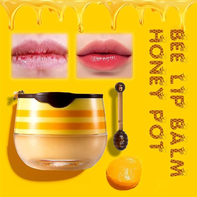 2PCS Bee Lip Balm Honey Pot, Honey Pot Lip Balm for Dry Cracked Lips, Strawberry Lip Balm Scrubs Exfoliator & Moisturizer, Hydrating Lip Balm Honey Pot with Wand, Lip Sleeping Mask (A)