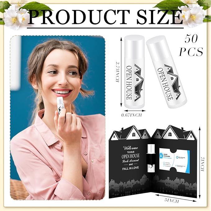 50 Pcs Open House Lip Balm with Cards Real Estate Agent Supplies Lip Moisturizer Moisturizing Lip Balm Bulk Moisturizing Lip Balm Stick for Open House Business Advertising Events