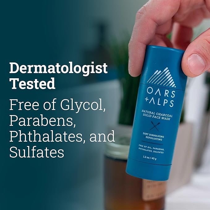 Oars + Alps Exfoliating Face Wash Stick, 2-in-1 Facial Cleanser & Exfoliant with Activated Charcoal, Alpine Moss, Dermatologist Tested, Spill Free, Travel Size, 1.2 Oz