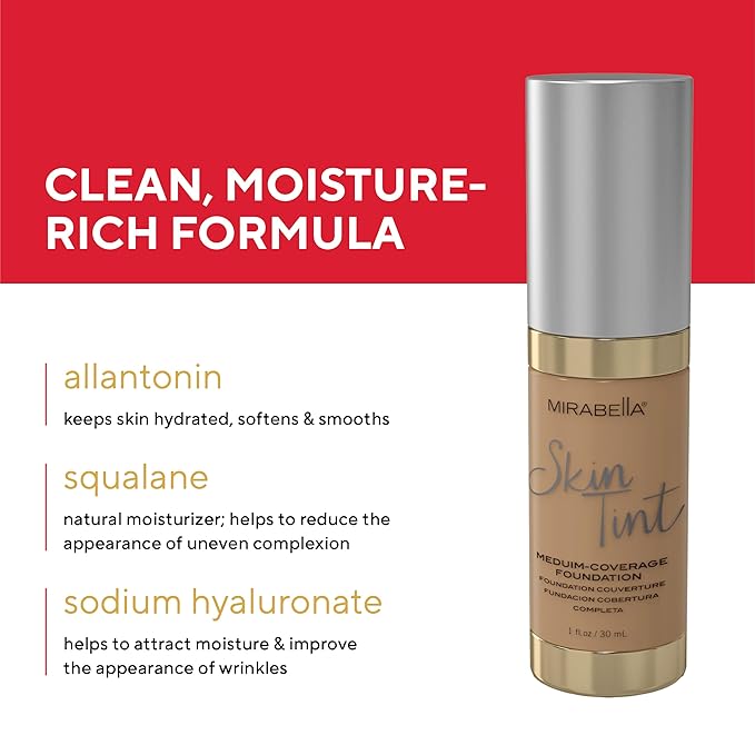 Mirabella Skin Tint Creme Liquid Foundation Makeup, Oil-Free Mineral Foundation for Medium Coverage - w/Hyaluronic Acid, Squalane, & Allantoin for All Skin Types - IVC Cool