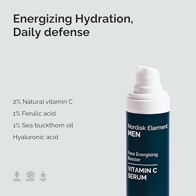 Nordisk Element Vitamin C Face Serum for Men, Anti-aging formula, Improve Appearance of Dark Spots, Tone, Fine Lines & Wrinkles, with Natural Vitamin C & Hyaluronic Acid, 1 Fl Oz