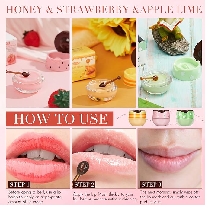 12 Pcs Bee Lip Balm Honey Pot with Brush Propolis Lip Mask Overnight, Moisturizing Hydrating Lip Sleeping Mask Prevention Dry and Cracked(Honey+Strawberry+Apple Lime)