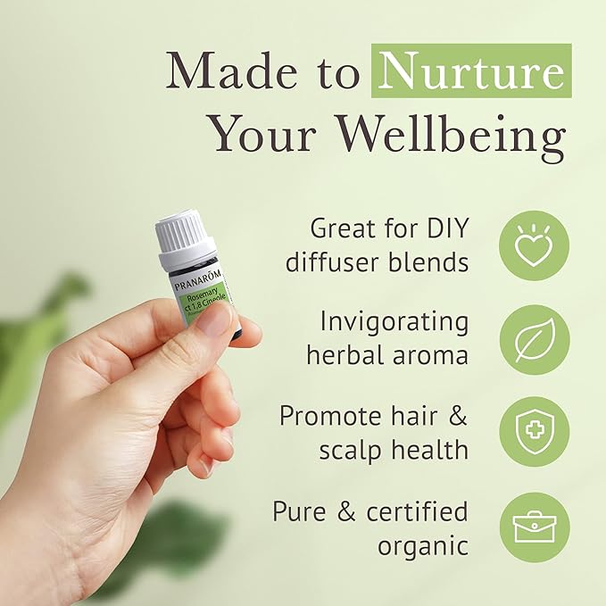 Pranarom USDA Certified Organic Rosemary Cineole Essential Oil (5ml), 100% Pure Undiluted Therapeutic Grade from Tunisia for Aromatherapy, Diffuser, Meditation, Massage, Relaxation