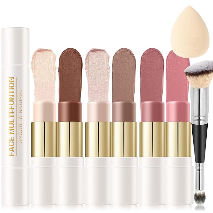 6 Colors Cream Contour Stick Makeup Contour Kit,Double-ended Cream Bronzer Stick for Sculpt, Highlighter Stick,Cream Blush Stick,Lightweight Contour Makeup Kit, Matte & Dewy Finish (SET A)