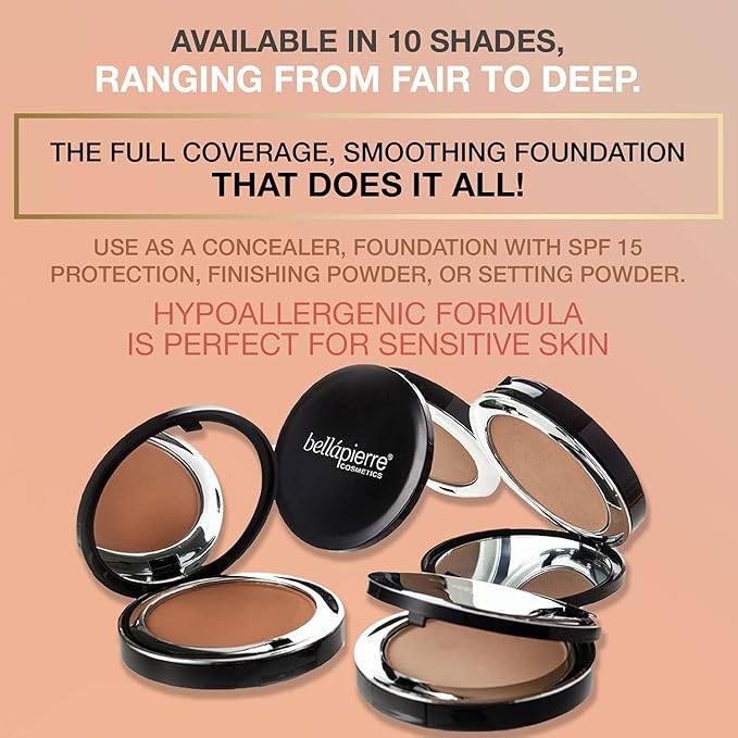 bellapierre Compact Mineral Foundation SPF 15 | Vegan & Cruelty Free Natural Makeup | Full Coverage Matte Foundation | Hypoallergenic | Oil & Talc Free - 0.35 Oz - Cinnamon