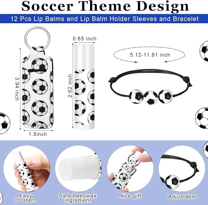 72 Pcs Sports Team Gifts Include 12 Makeup Bags 12 Lip Balm 12 Lip Balm Holder 12 Necklace 12 Adjustable Bracelet 12 Mirrors for Sports Lovers Players Party Favors (Black, Soccer)