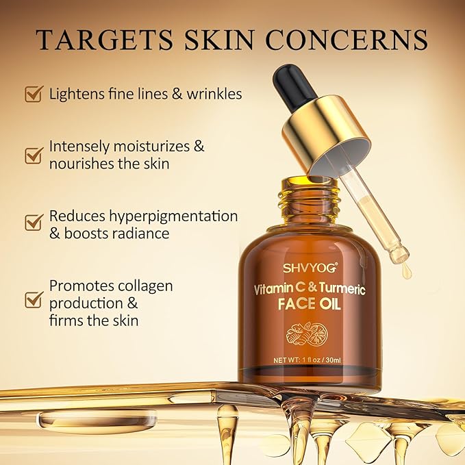 Vitamin C Turmeric Face Oil, Skin Moisturizing, Firming Vitamin C Oil, Turmeric Oil for Dry Skin, Wrinkles, and Uneven Skin Tone, Anti-Aging Care 1 Fl Oz