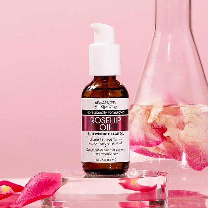 Advanced Clinicals Rosehip Oil For Face With Vitamin E + Botanicals Helps Improve Look Of Dark Spots, Wrinkles, Fine Lines, & Uneven Looking Skin Tone | Moisturizing Skin Care Face Serum, 1.8 Fl Oz