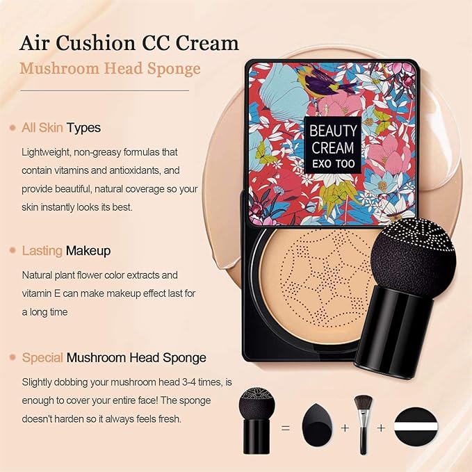 2PCS Mushroom Head Air Cushion CC Cream Foundation, Beauty Cream Exo Too BB Cream, Moisturizing, Long Lasting, Matte Concealer, Light Weight, WaterProof Liquid Foundation with 2PCS Mushroom Head