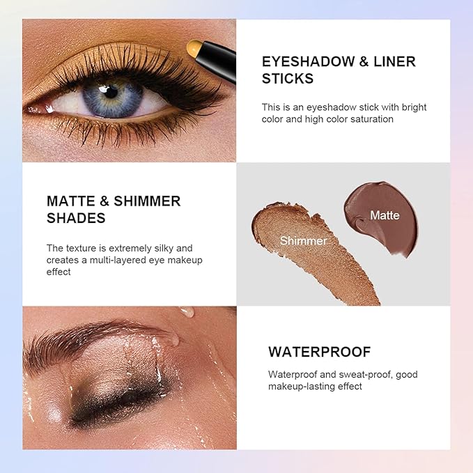 Eyeshadow Stick, Shimmer and Matte Cream Eye Shadow Brightener Sticks Eyeliner Pencil Crayon, Waterproof Long Lasting Eye Highlighter Stick Makeup,0.056 Oz(#1-Caramel)