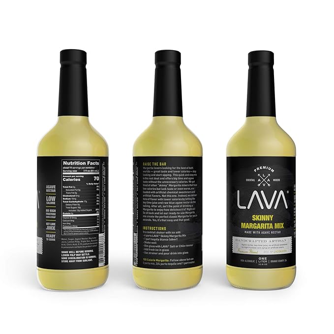 (3 Pack) Premium Skinny Margarita Mix by LAVA Craft Cocktail Co., Low Calorie Margarita Mix Made with Key Lime Juice, Agave, No Artificial Sweeteners, Lots of Flavor, Ready to Use, 1-Liter (33.8oz)