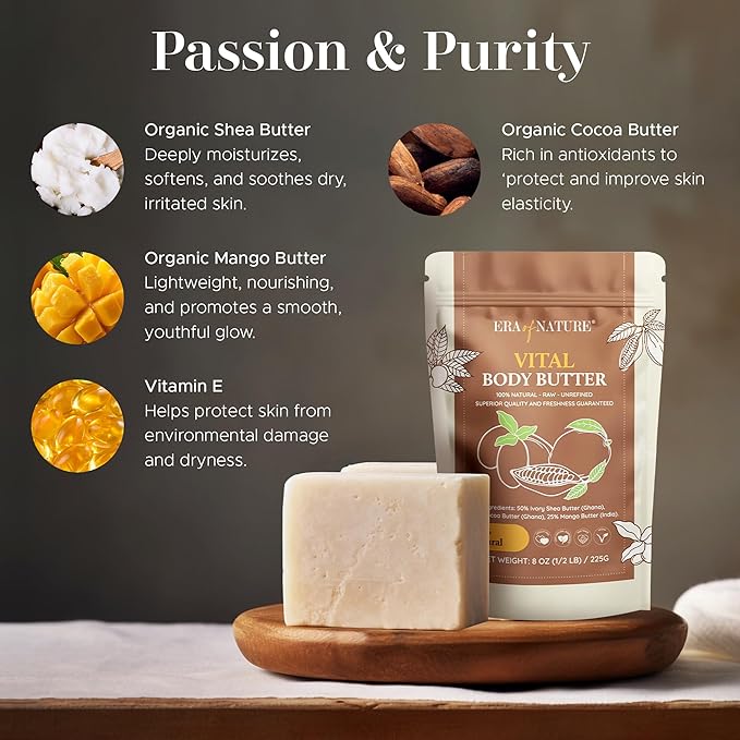 era of nature Organic Shea, Mango & Cocoa Body Butter – Raw, Unrefined, 100% Natural – Perfect Base for DIY Skincare, Body Butters, Lotions, Soaps & Lip Balms – Essential for Homemade Creations – 8oz