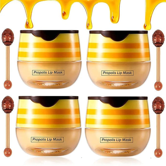 4PCS Nourishing Lip Balm Honey Pot, Honey Pot Lip Mask Propolis Moisturizing Bee Lip Balm with Brush, Hydrating & Prevention Dry and Cracked Lip Sleeping Mask Reduces Lip Lines Lip Care Product
