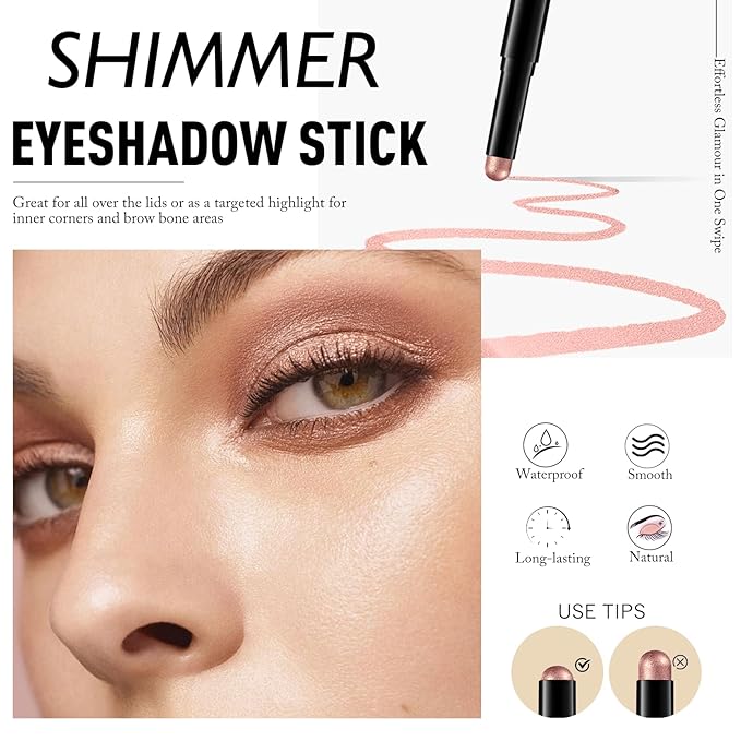 Rose Gold Shimmer Eyeshadow Stick, Waterproof Cream Eye Shadow Pencil Long-Lasting Crease-Proof Glitter Eyeshadow Crayon Smooth High Pigmented Highlighter Neutral Eye Shadow Liner Makeup