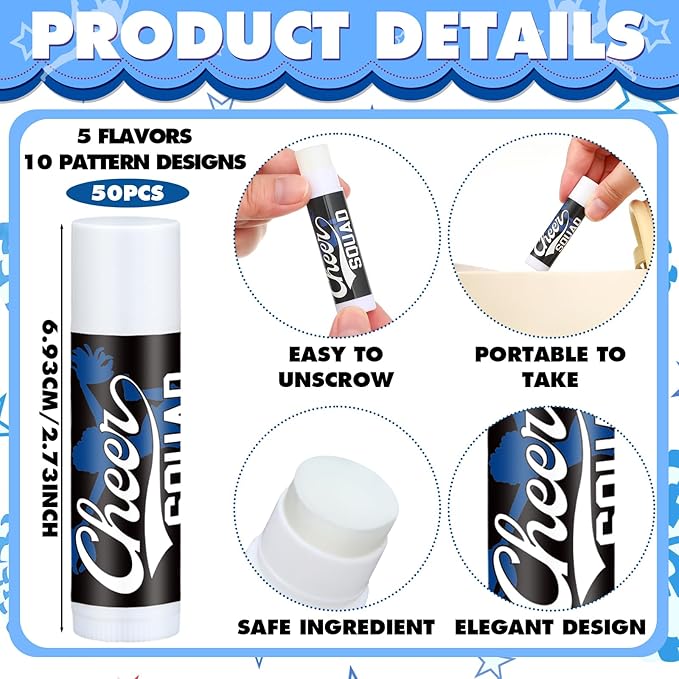 50 Sets Cheer Gifts Bulk 50 Cheer Lip Balm Bulk Moisturizing with 50 Organza Drawstring Gift Bags 50 Tags Cheerleader Gifts Cheer Gifts Bulk for Team (Blue)