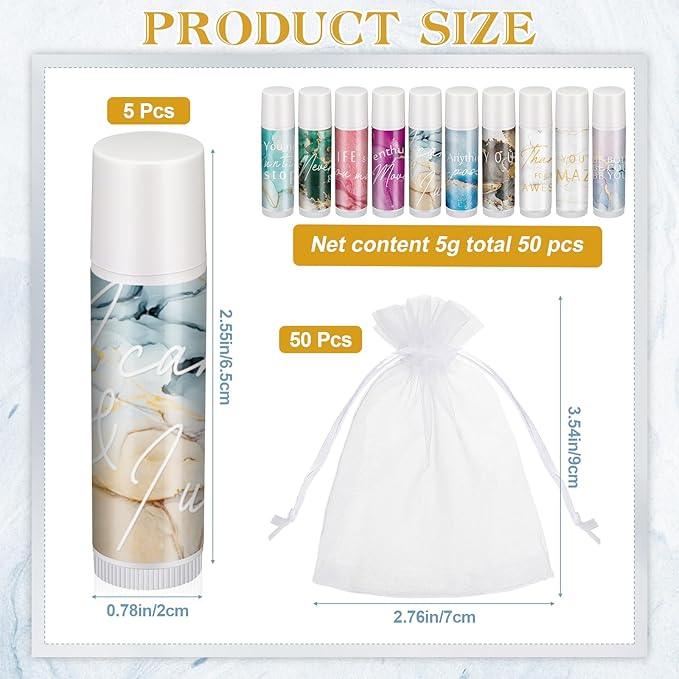 50 Sets Inspirational Lip Balm Gifts Moisturizing Lip Balm Bulk Thank You Lipstick for Guest 5 Flavors Marble Style Lip Balm with Organza Bags for Family Reunion Favor Women Stocking Gift Stuffers