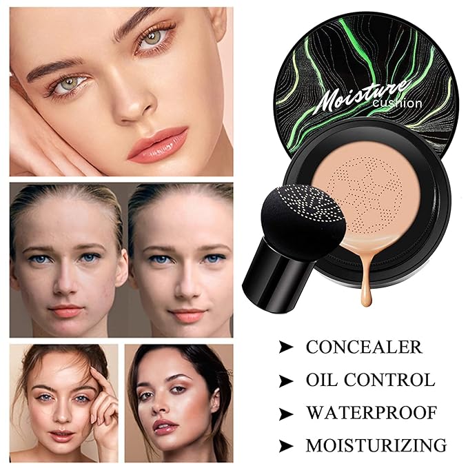 2 PCS Mushroom Head Air Cushion CC Cream Nature Foundation,Foundation Brush Powder Brush,Moisturizing Concealer, Bright Makeup Base Long Lasting (#02 Natural+#03 Warm Nude)