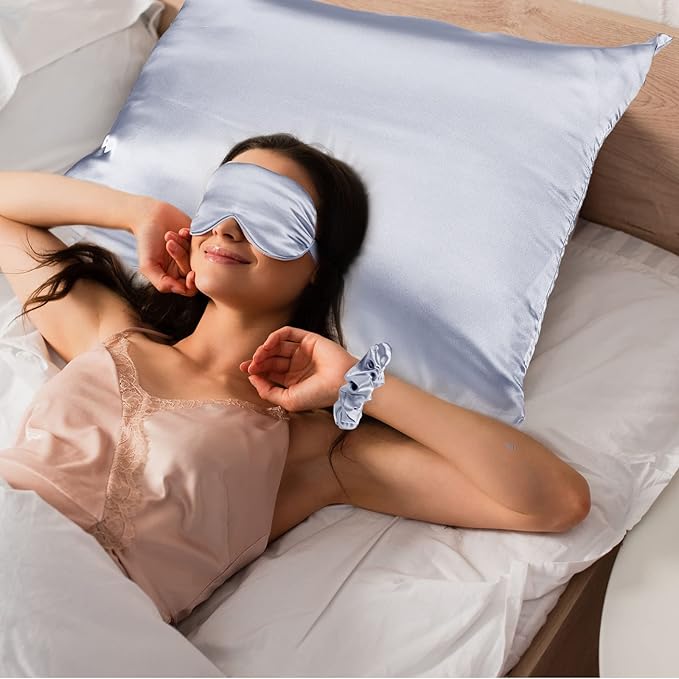 2 Pack Satin Pillowcase with Latent Zipper, Adjustable Satin Eye Mask for Sleeping and Satin Volume Scrunchie for Hair and Skin, Standard Size (Silver,Classic Style)