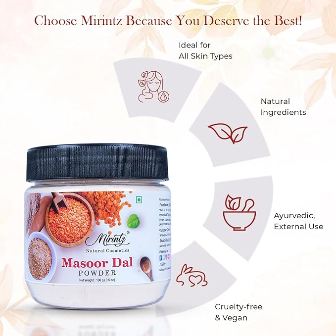 100% Natural Masoor Dal Powder | (3.5 Oz) Organic Lentils Powder for Face & Skin | Red Lentils Powder for Natural Face Pack | Dried Masoor Dal Cleansing Powder & Skin Brightener for Face