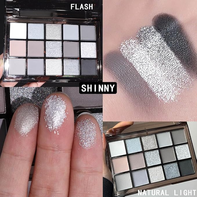 15 Colors Black Gray Silver Matte Shimmer Eyeshadow Palette for Eye Makeup,High Pigmented Brown White Eye Shadow Primers Powder Palet de sombras de ojos