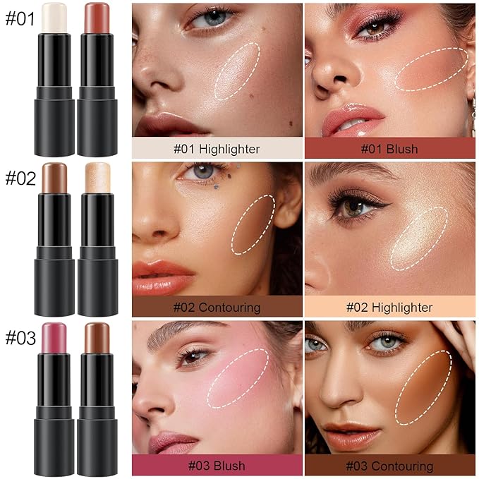 6 Colors Cream Contour Stick Makeup Kit, Shades with Highlighter, Blush and Double-End Bronzer Contour Stick for Sculpt the Cheeks, Long Lasting, Waterproof, Matte & Dewy Finish(SET C)