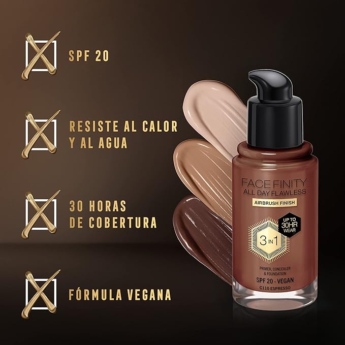 Max Factor Facefinity 3-in-1 All Day Flawless Liquid Foundation, SPF 20-110 Espresso, 30 ml