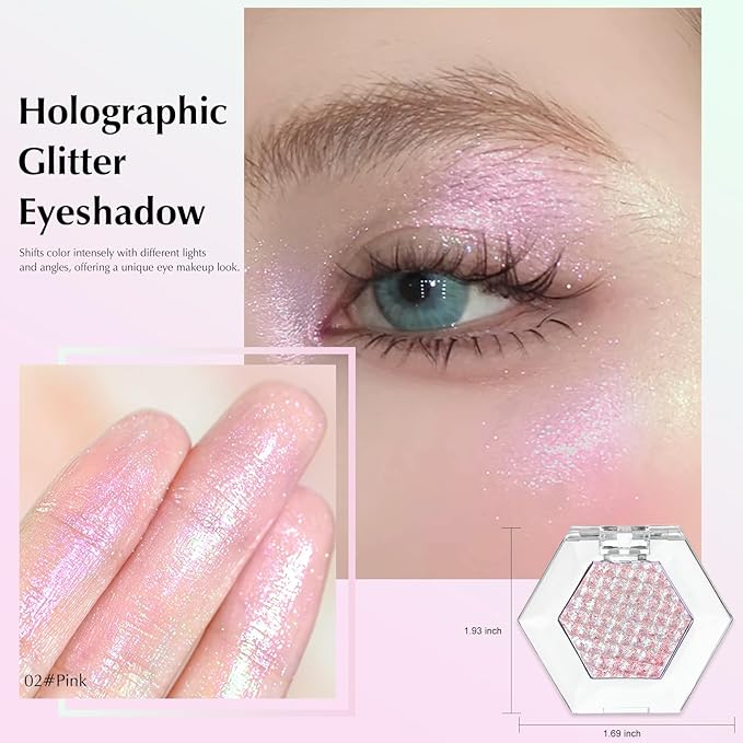 Pink Glitter Eyeshadow Palette, Multichrome Chameleon Cream to Powder Eye Shadow, Color Shifting Holographic Eyeshadow Shimmer Inner Corner Eye Brightener Highlighter Makeup