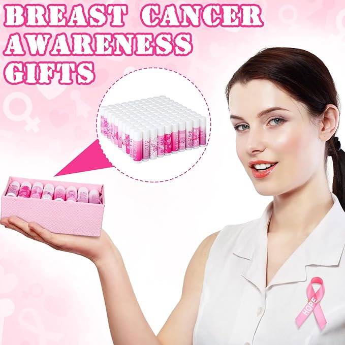 100 Set Pink Ribbon Breast Cancer Awareness Gifts Bulk, 100 Lip Balms, 100 Organza Gift Bags and 100 Tags Perfect for Charity Events, Survivors Awareness Campaigns