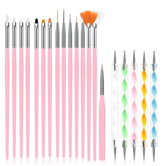 20Pcs Nail Art Brushes Tool Set, Nail Art Double-End Tools, Nail Liner Brushes, Silicone Pen Dotting Pen Tools Nail Art Kit for Home Nail Art DIY Salon Use-Pink