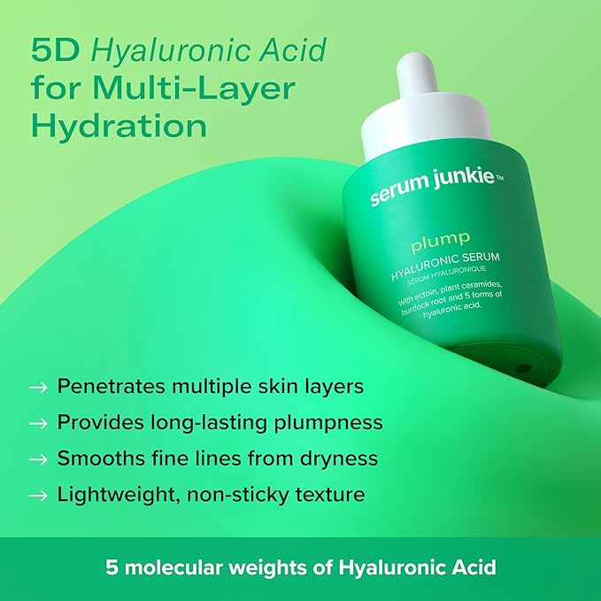 PLUMP Hyaluronic Acid Serum with 5D Hyaluronic Complex, Ectoin, Plant Ceramides, Vitamins B5 & E, Deep Hydration, Strengthens Skin Barrier, Fragrance-Free, 1 fl oz