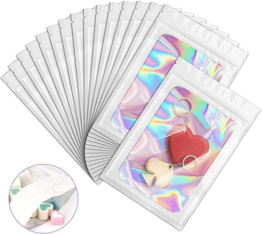 100 Pieces Smell Proof Mylar Bags, Holographic Packaging Bags, Resealable Odor Foil Pouch Zipper Bag with Clear Window for Food Storage and Lipgloss, Jewelry Lash(White, 4 x 6 Inch)