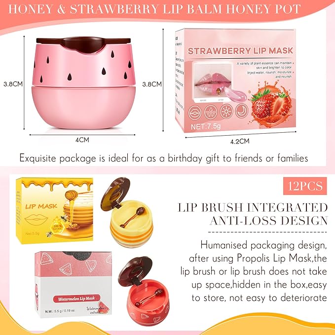 12 Pcs Bee Lip Balm Honey Pot with Brush Propolis Lip Mask Overnight, Moisturizing Hydrating Lip Sleeping Mask Prevention Dry and Cracked(Honey+Strawberry+Watermelon)