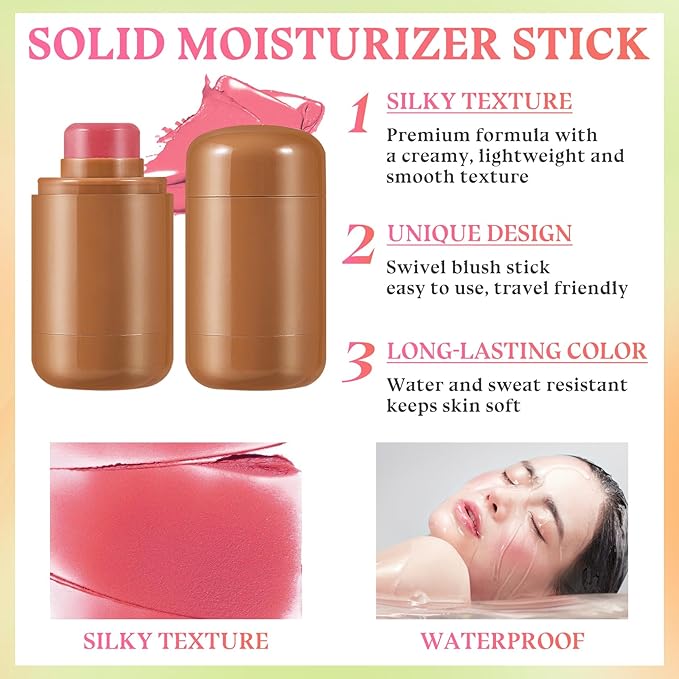 3PCS Blush Stick for Cheeks,Multi-use Solid Matte Makeup Stick Blush Cream for Cheek Eyes and Lips Tint,Moisturizing Tinted Cream Blush,Natural Blendable Cheek Blusher with 3 Makeup Sponges A4