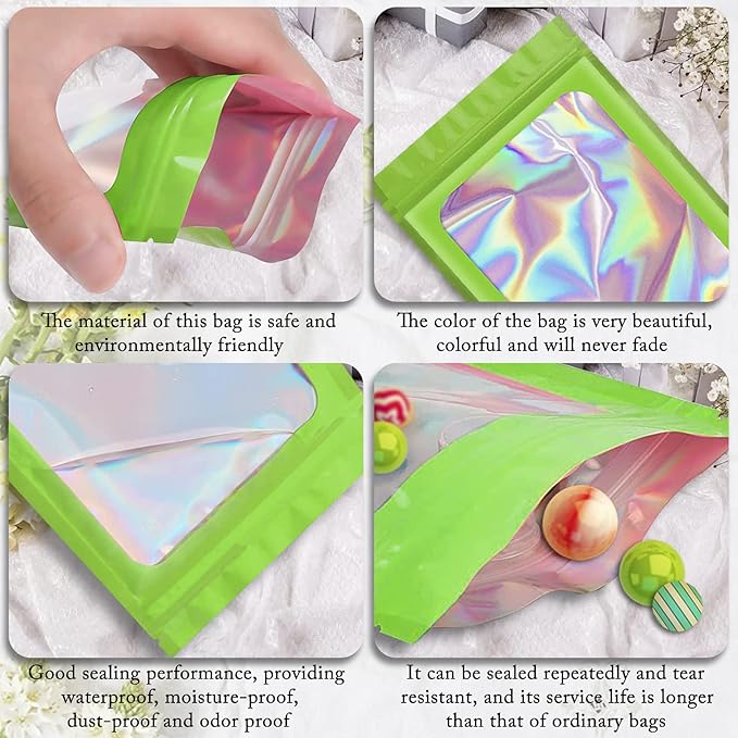 100 Pack Holographic Bags,Smell Proof Packaging Bags, Clear Window Resealable Odor Foil Pouch Mylar Bags for Food Storage and Lipgloss, Jewelry Lash(Green, 2.4 x 3.9 Inch)