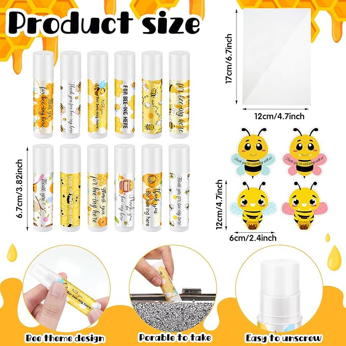 48 Sets Bee Lip Balm with Bee Themed Thank Card Tags Baby Shower Favor Bulk Bee Themed Gifts for Baby Shower Baptism Birthday Party Supplies Christmas Party